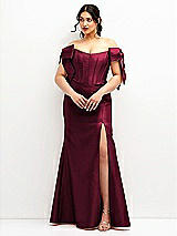 Front View Thumbnail - Cabernet Off-the-Shoulder Bow Satin Corset Dress with Fit and Flare Skirt