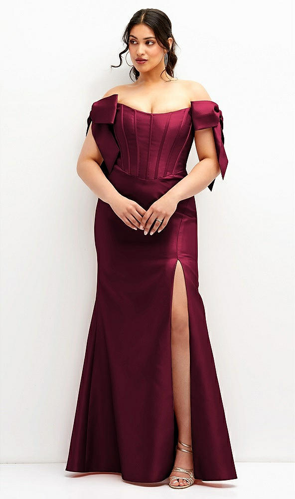 Front View - Cabernet Off-the-Shoulder Bow Satin Corset Dress with Fit and Flare Skirt