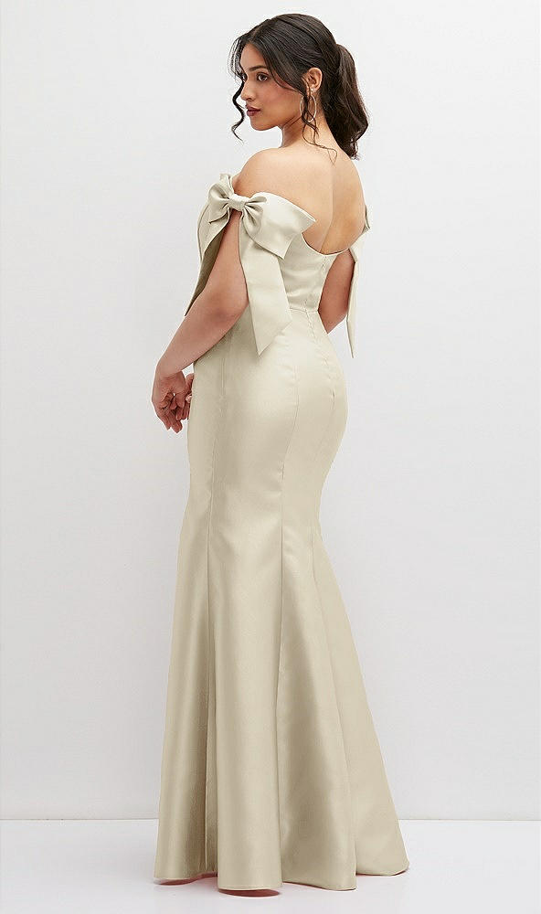 Back View - Champagne Off-the-Shoulder Bow Satin Corset Dress with Fit and Flare Skirt