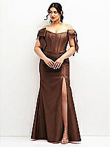 Front View Thumbnail - Cognac Off-the-Shoulder Bow Satin Corset Dress with Fit and Flare Skirt