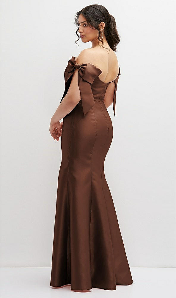 Back View - Cognac Off-the-Shoulder Bow Satin Corset Dress with Fit and Flare Skirt