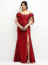 Front View Thumbnail - Garnet Off-the-Shoulder Bow Satin Corset Dress with Fit and Flare Skirt