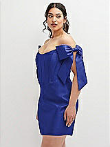 Alt View 1 Thumbnail - Cobalt Blue Satin Off-the-Shoulder Bow Corset Fit and Flare Mini Dress