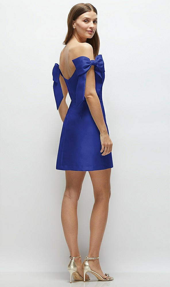 Back View - Cobalt Blue Satin Off-the-Shoulder Bow Corset Fit and Flare Mini Dress