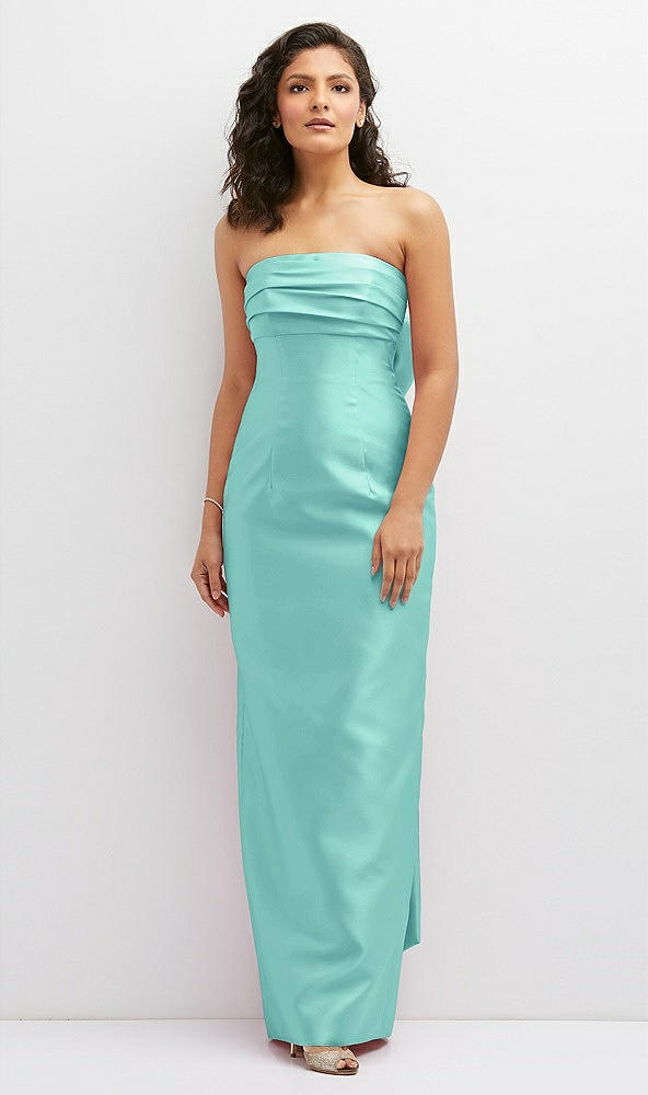 Front View - Coastal Strapless Draped Bodice Column Dress with Oversized Bow