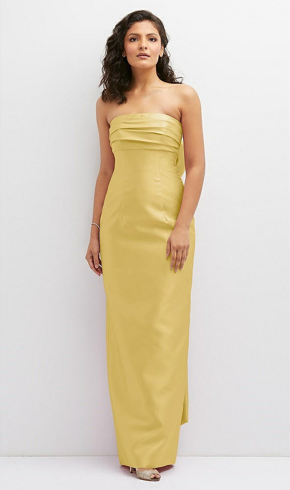 Front View - Maize Strapless Draped Bodice Column Dress with Oversized Bow