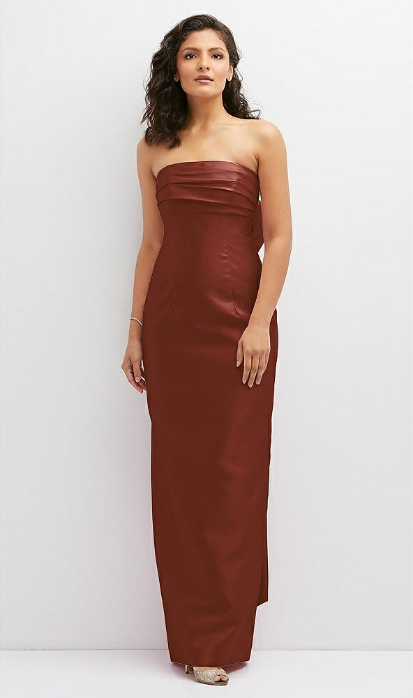 Front View - Auburn Moon Strapless Draped Bodice Column Dress with Oversized Bow