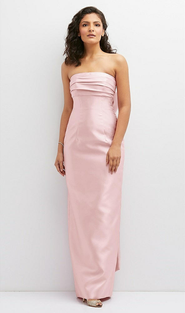 Front View - Ballet Pink Strapless Draped Bodice Column Dress with Oversized Bow