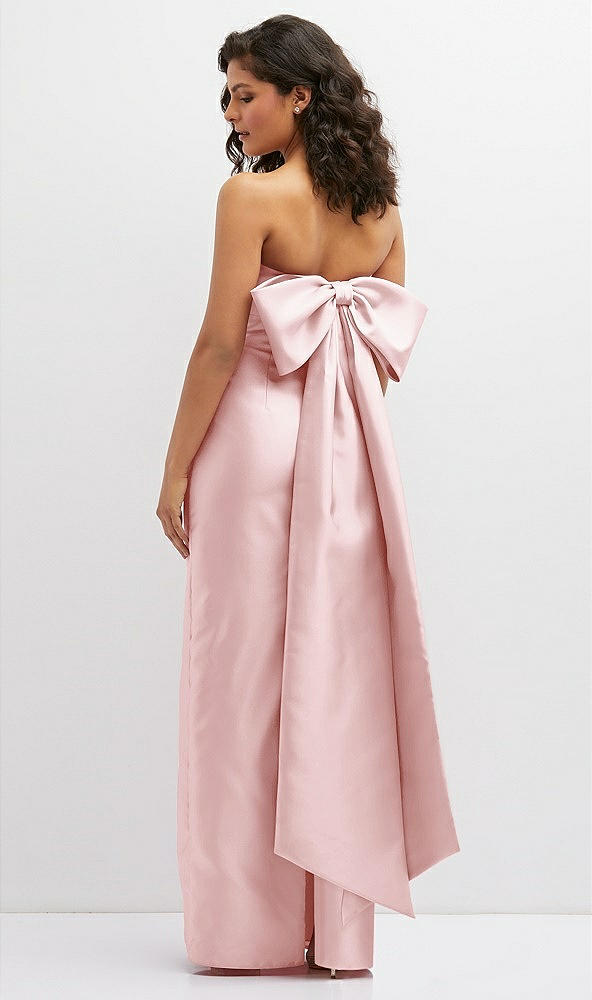 Back View - Ballet Pink Strapless Draped Bodice Column Dress with Oversized Bow