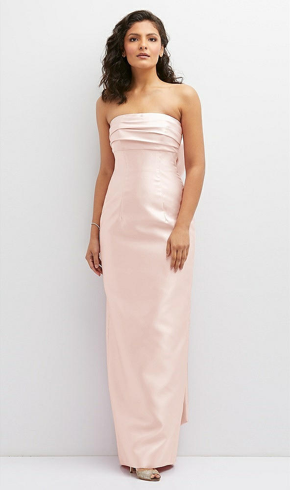Front View - Blush Strapless Draped Bodice Column Dress with Oversized Bow