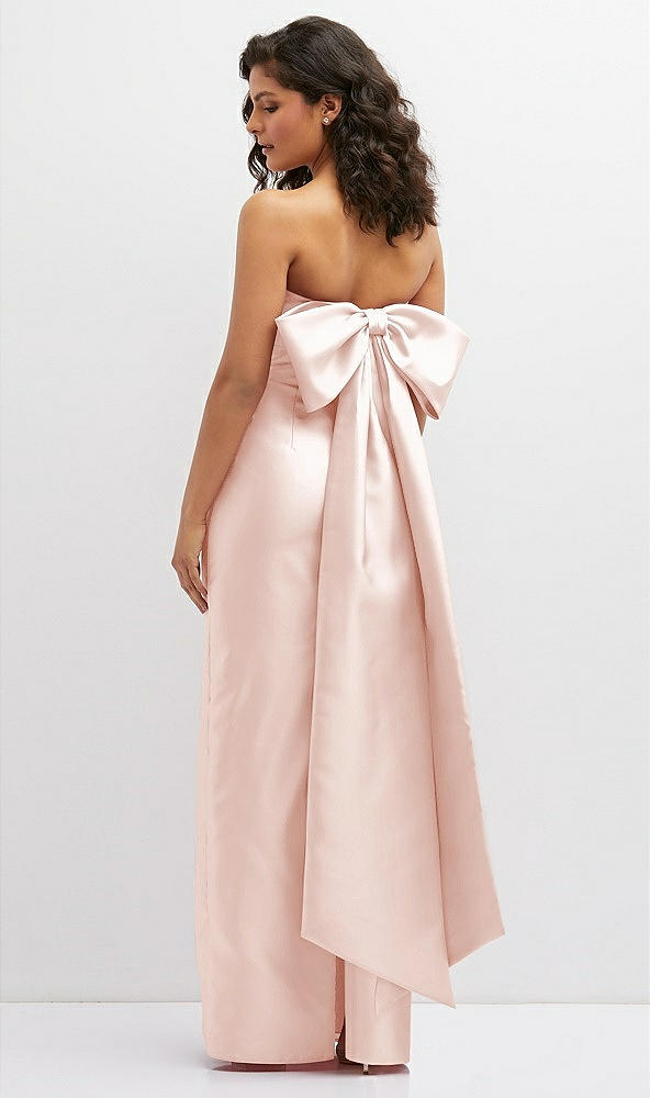 Back View - Blush Strapless Draped Bodice Column Dress with Oversized Bow