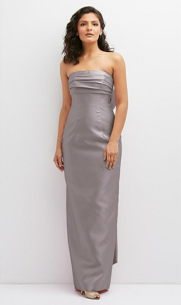 Front View - Cashmere Gray Strapless Draped Bodice Column Dress with Oversized Bow