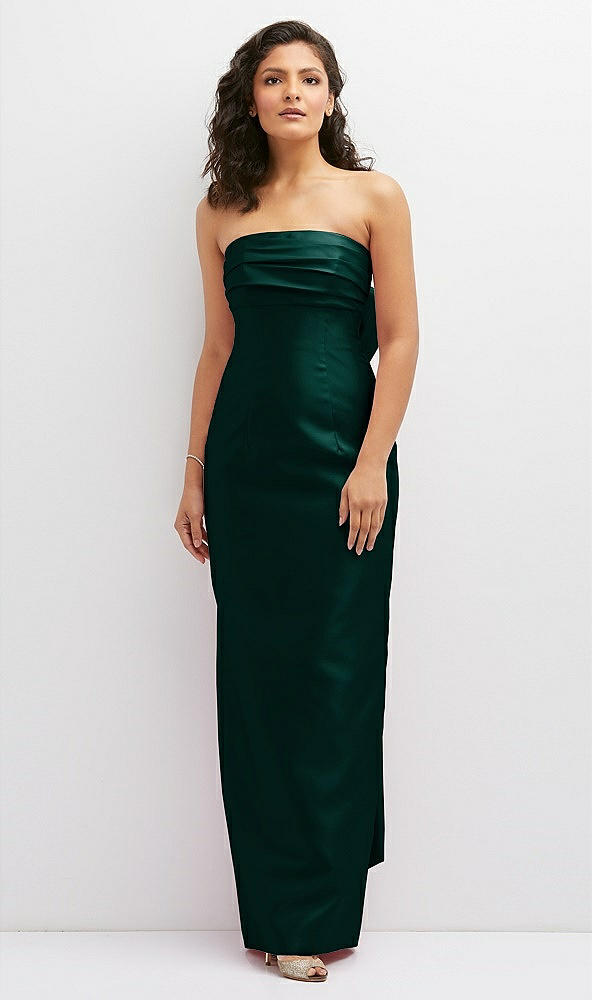 Front View - Evergreen Strapless Draped Bodice Column Dress with Oversized Bow