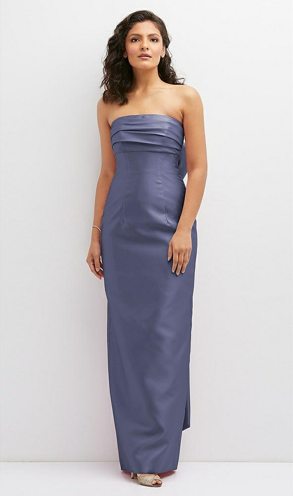 Front View - French Blue Strapless Draped Bodice Column Dress with Oversized Bow