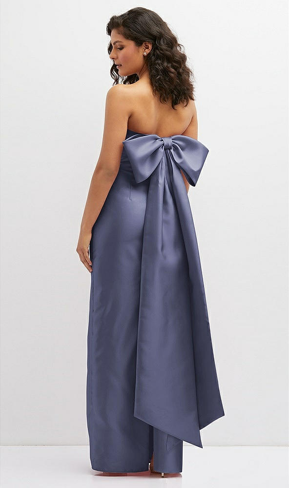 Back View - French Blue Strapless Draped Bodice Column Dress with Oversized Bow