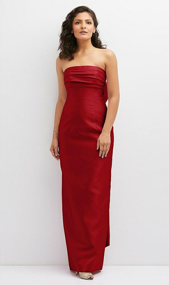 Front View - Garnet Strapless Draped Bodice Column Dress with Oversized Bow