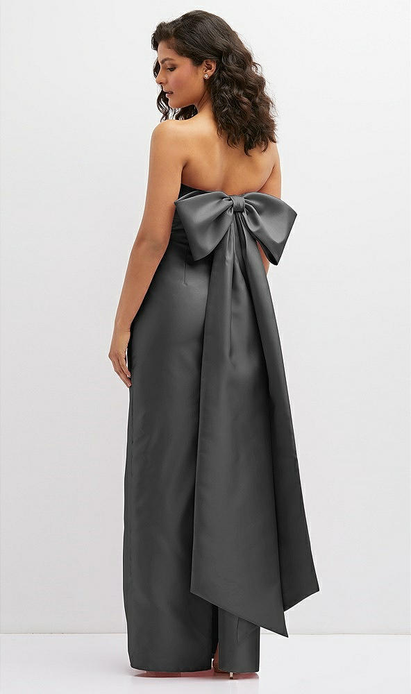 Back View - Gunmetal Strapless Draped Bodice Column Dress with Oversized Bow