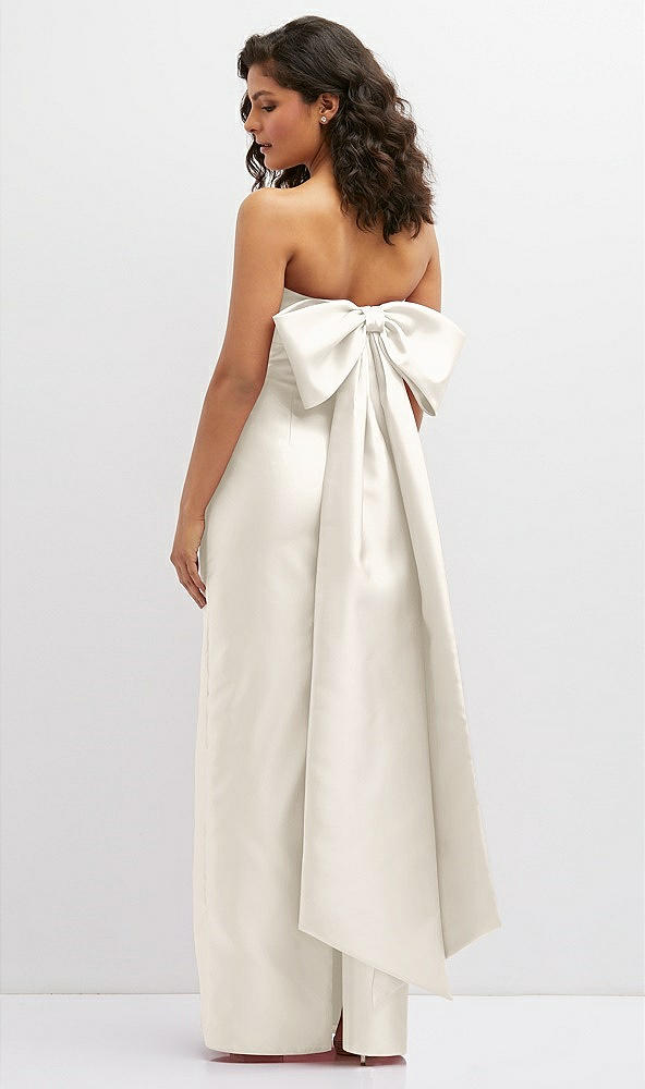 Back View - Ivory Strapless Draped Bodice Column Dress with Oversized Bow