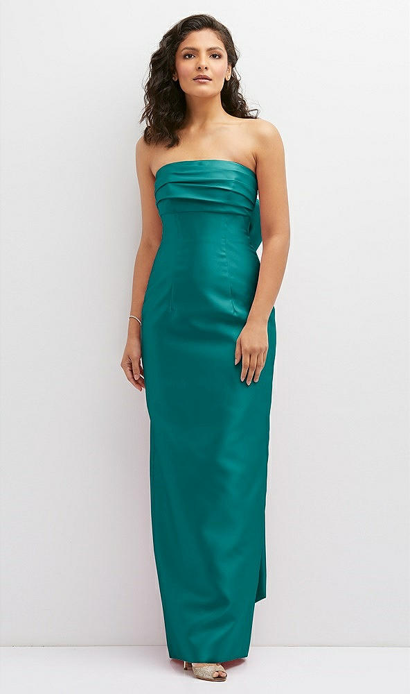 Front View - Jade Strapless Draped Bodice Column Dress with Oversized Bow