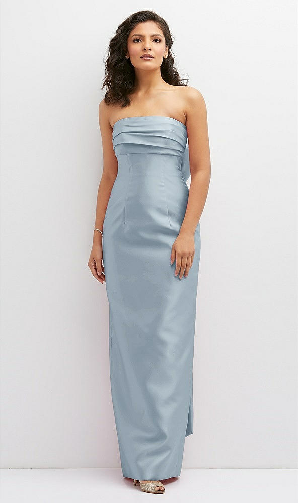 Front View - Mist Strapless Draped Bodice Column Dress with Oversized Bow