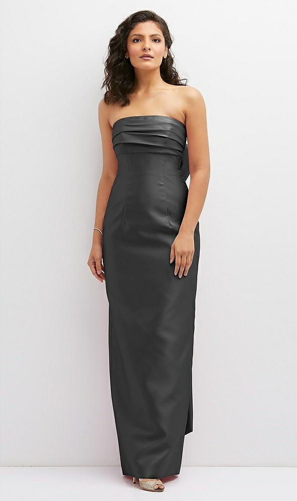 Front View - Pewter Strapless Draped Bodice Column Dress with Oversized Bow