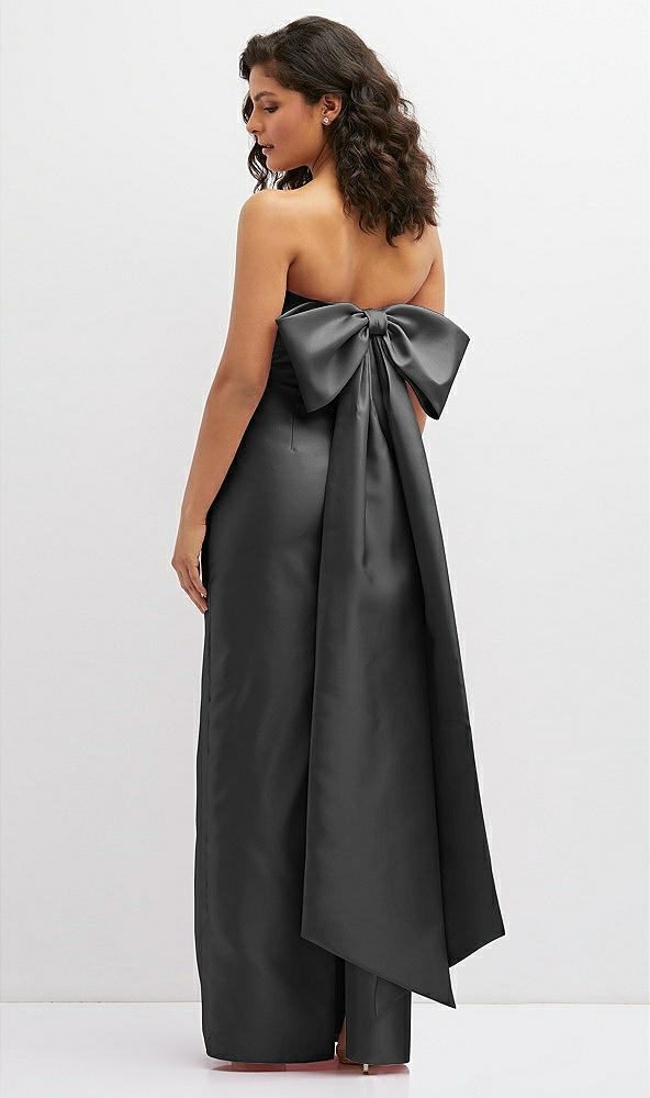 Back View - Pewter Strapless Draped Bodice Column Dress with Oversized Bow