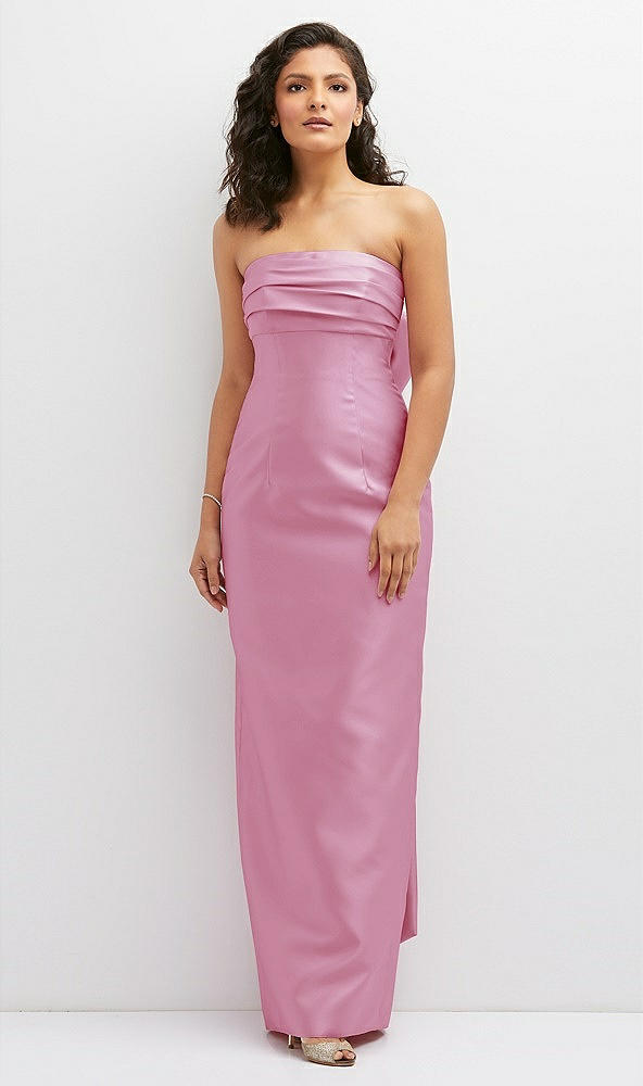 Front View - Powder Pink Strapless Draped Bodice Column Dress with Oversized Bow