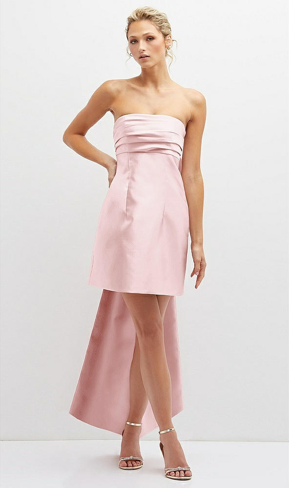 Front View - Ballet Pink Strapless Satin Column Mini Dress with Oversized Bow