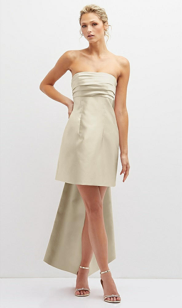 Front View - Champagne Strapless Satin Column Mini Dress with Oversized Bow