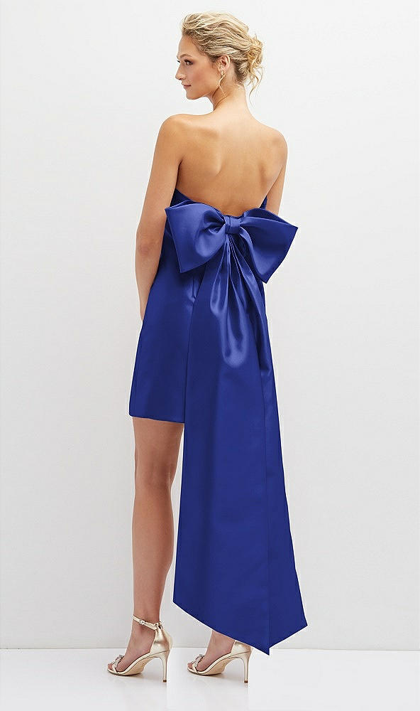 Back View - Cobalt Blue Strapless Satin Column Mini Dress with Oversized Bow
