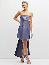 Front View Thumbnail - French Blue Strapless Satin Column Mini Dress with Oversized Bow