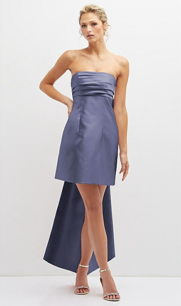 Front View - French Blue Strapless Satin Column Mini Dress with Oversized Bow