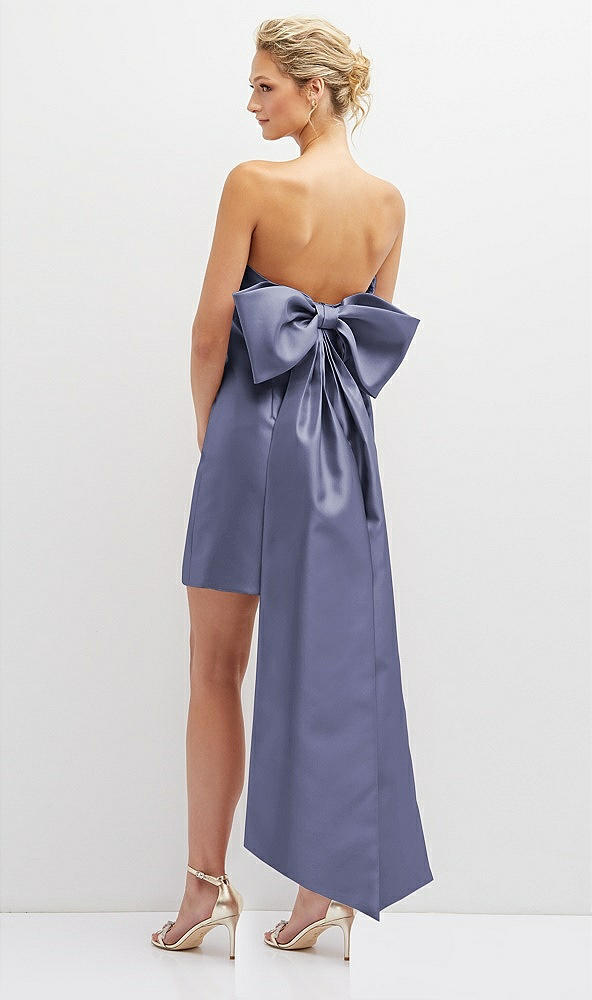 Back View - French Blue Strapless Satin Column Mini Dress with Oversized Bow