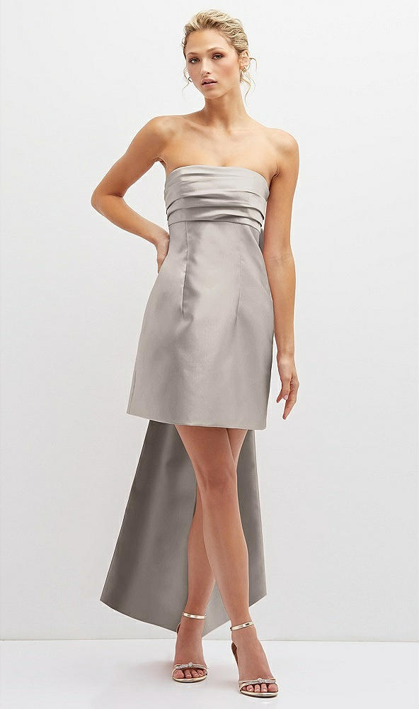 Front View - Taupe Strapless Satin Column Mini Dress with Oversized Bow