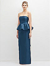 Front View Thumbnail - Dusk Blue Strapless Satin Maxi Dress with Cascade Ruffle Peplum Detail