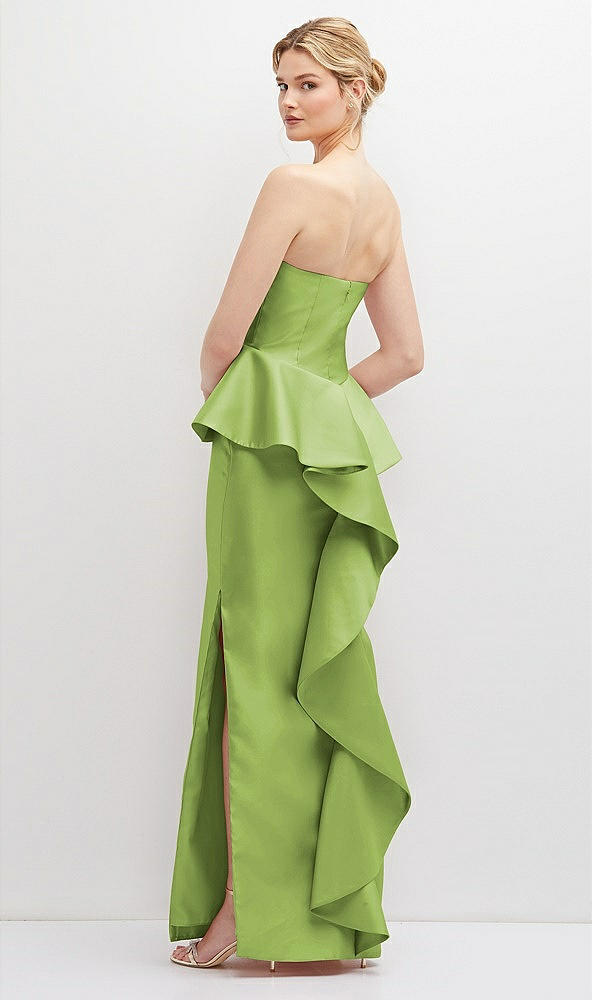 Back View - Mojito Strapless Satin Maxi Dress with Cascade Ruffle Peplum Detail