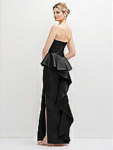 Rear View Thumbnail - Black Strapless Satin Maxi Dress with Cascade Ruffle Peplum Detail