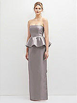 Front View Thumbnail - Cashmere Gray Strapless Satin Maxi Dress with Cascade Ruffle Peplum Detail
