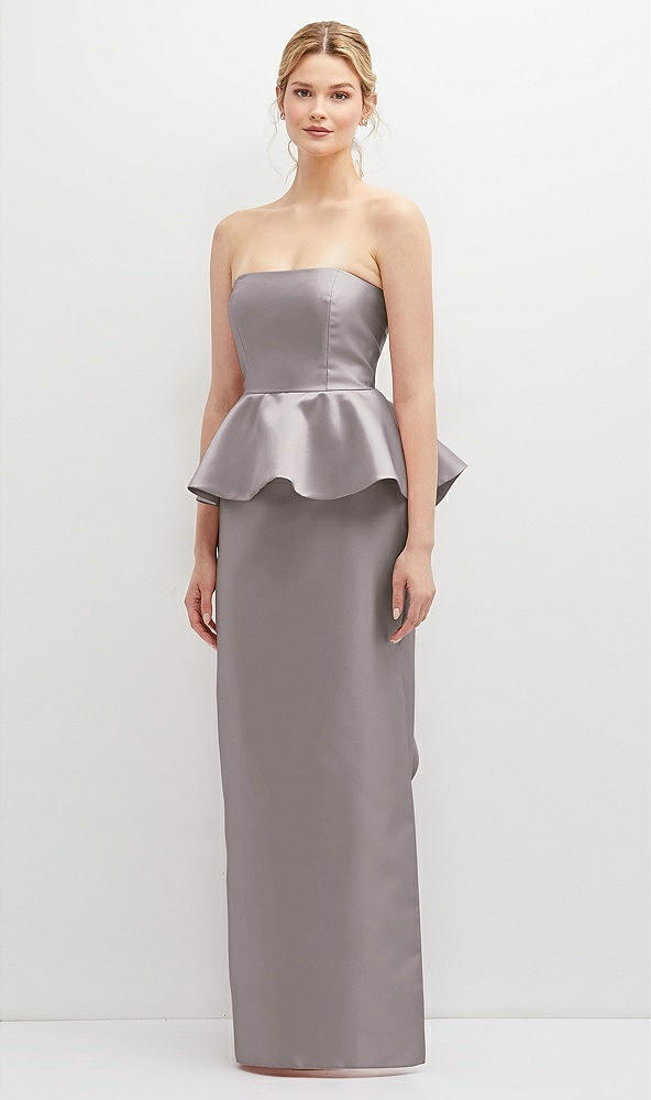 Front View - Cashmere Gray Strapless Satin Maxi Dress with Cascade Ruffle Peplum Detail