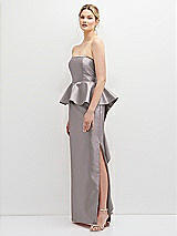 Side View Thumbnail - Cashmere Gray Strapless Satin Maxi Dress with Cascade Ruffle Peplum Detail