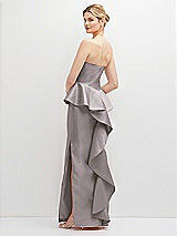Rear View Thumbnail - Cashmere Gray Strapless Satin Maxi Dress with Cascade Ruffle Peplum Detail