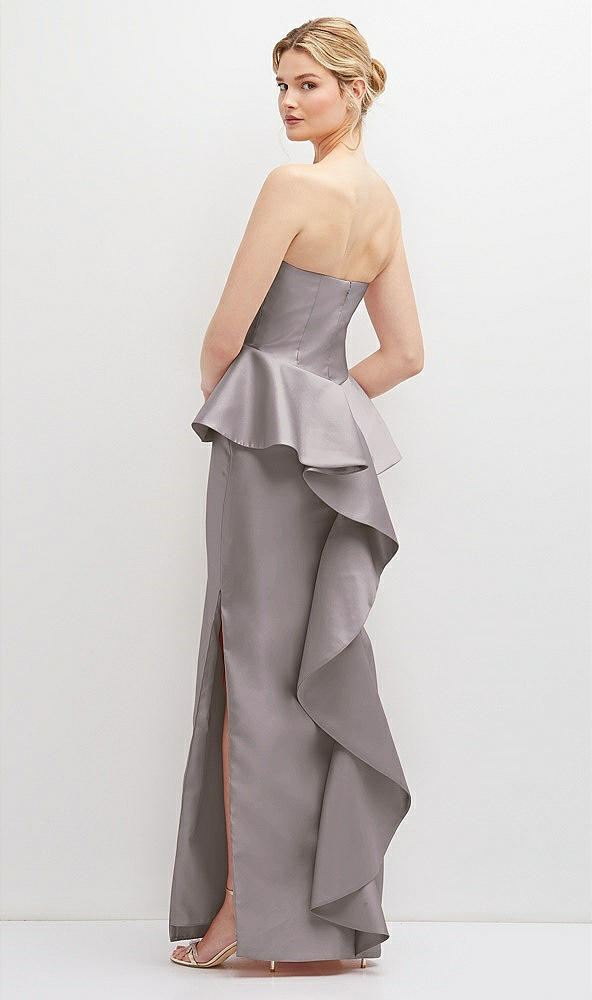 Back View - Cashmere Gray Strapless Satin Maxi Dress with Cascade Ruffle Peplum Detail