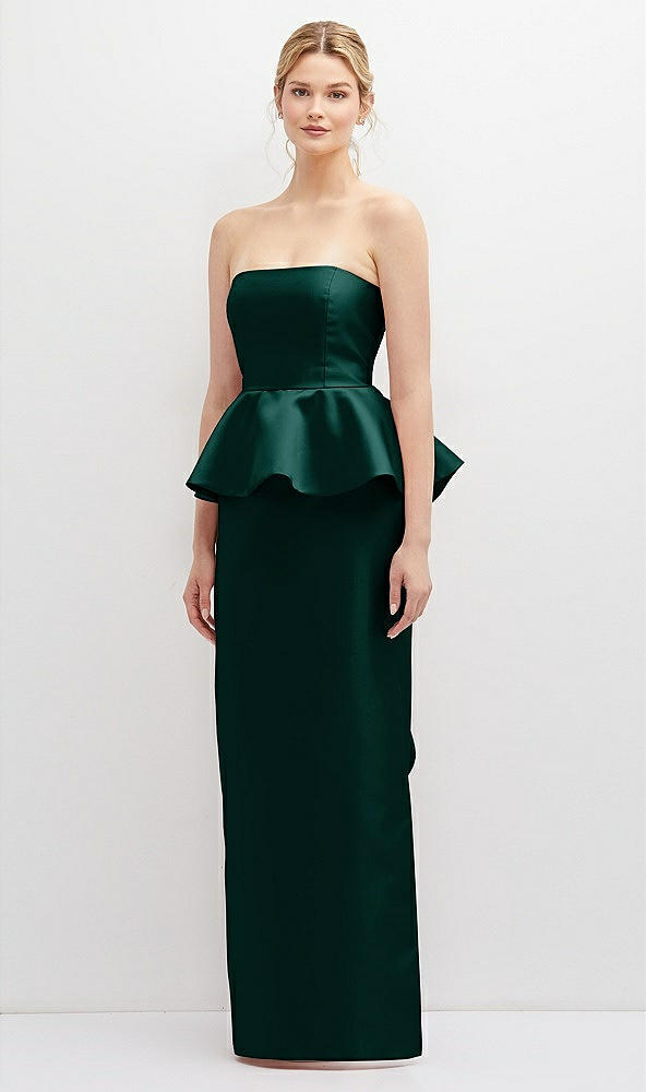 Front View - Evergreen Strapless Satin Maxi Dress with Cascade Ruffle Peplum Detail