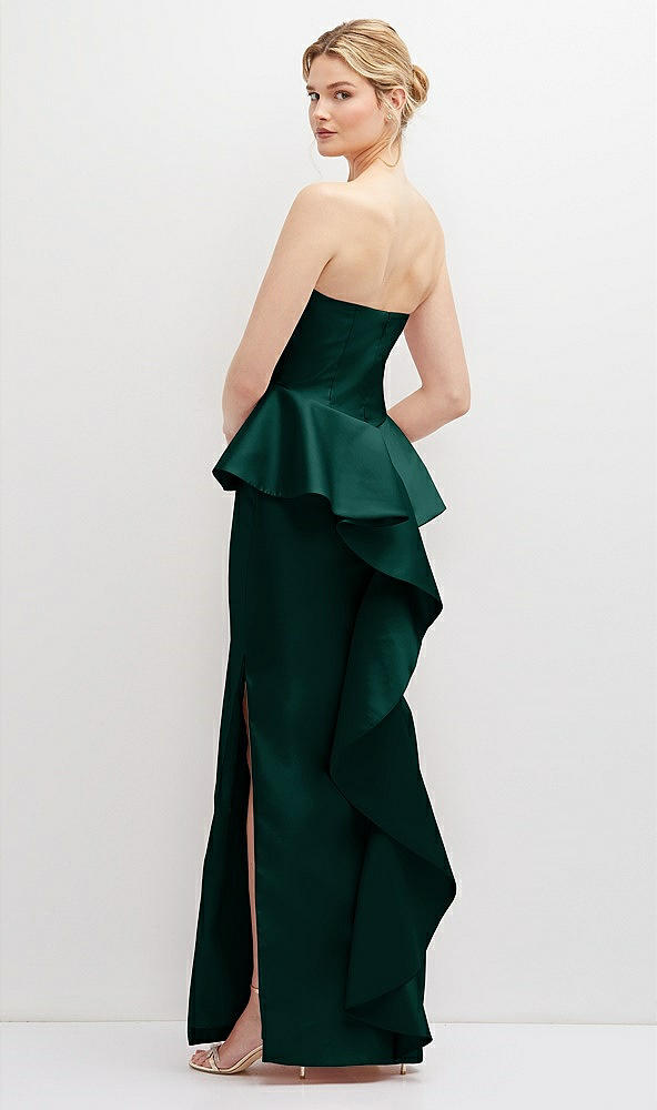 Back View - Evergreen Strapless Satin Maxi Dress with Cascade Ruffle Peplum Detail