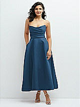 Front View Thumbnail - Dusk Blue Draped Bodice Strapless Satin Midi Dress with Full Circle Skirt