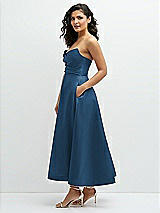 Side View Thumbnail - Dusk Blue Draped Bodice Strapless Satin Midi Dress with Full Circle Skirt