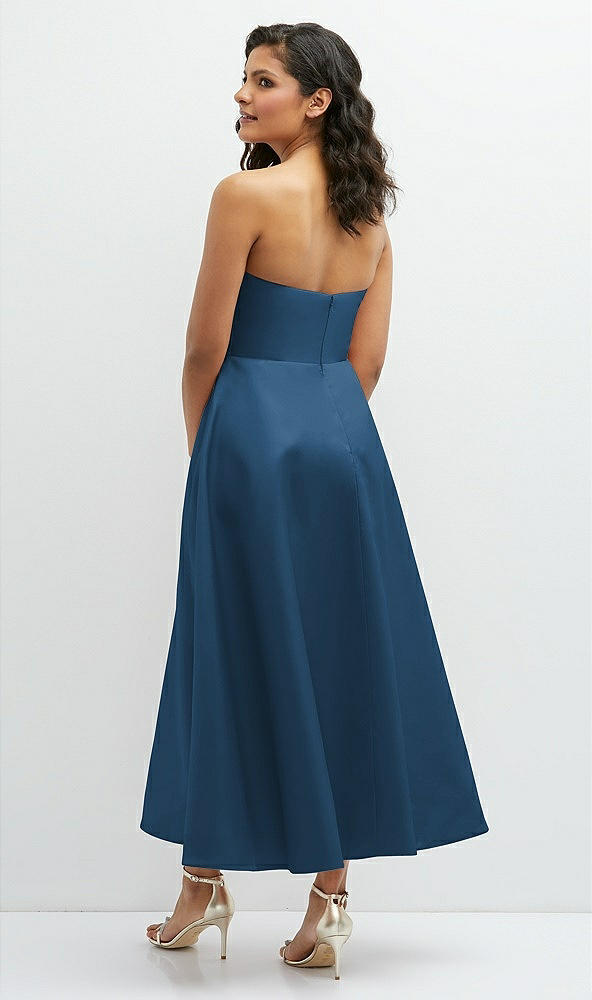 Back View - Dusk Blue Draped Bodice Strapless Satin Midi Dress with Full Circle Skirt