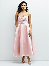 Front View Thumbnail - Ballet Pink Draped Bodice Strapless Satin Midi Dress with Full Circle Skirt