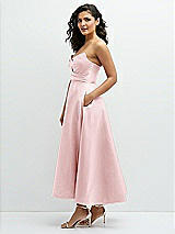 Side View Thumbnail - Ballet Pink Draped Bodice Strapless Satin Midi Dress with Full Circle Skirt