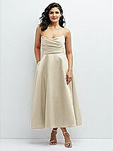 Front View Thumbnail - Champagne Draped Bodice Strapless Satin Midi Dress with Full Circle Skirt